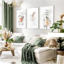 Harikabirev|soft Gri-Krem Minimalist Çiçekli Set|çerçeveli Cam Tablo 3lü Dikey