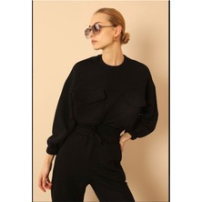 Kadın Kapitone Kumaş Oversize Cepli Beli Lastikli Sweatshirt
