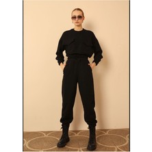 Kadın Kapitone Kumaş Oversize Cepli Beli Lastikli Sweatshirt
