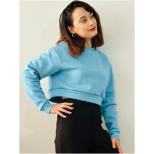 Kadın Oversize Polarlı Düşük Kol Crop Sweatshirt