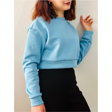 Kadın Oversize Polarlı Düşük Kol Crop Sweatshirt