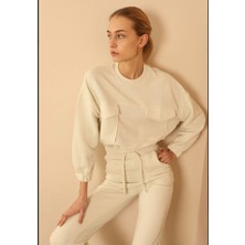 Kadın Kapitone Kumaş Oversize Cepli Beli Lastikli Sweatshirt