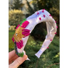 ByMerve Abiye Nişan Düğün Beyaz Saten Model Hibisküs El İşi Tasarım Taç Kadın Saç