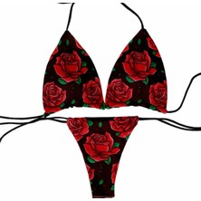 Amor Face Özel Tasarım Kırmızı Güller Baskılı Scuba Brazilian Beachwear Luxury Kadın Bikini Takımı