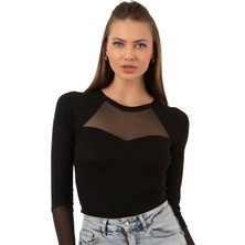 Özkan Underwear Özkan 26865 Kadın Siyah Uzun Kollu Tül Detaylı Viskon Kaşkorse Fitilli Esnek Yumuşak Örme Çıtçıtlı Body