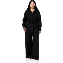 Disentis Modest Büyük Beden Beli Tünelli ve Arkadan Lastikli Geniş Paça Siyah Tulum