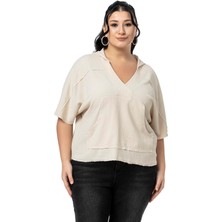 Disentis Modest Büyük Beden Kanguru Cepli V Yaka Kapüşonlu Kirli Dikişli Haki Bluz