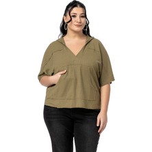 Disentis Modest Büyük Beden Kanguru Cepli V Yaka Kapüşonlu Kirli Dikişli Haki Bluz