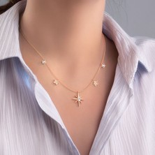 İndigo Takı Beşli Kutup Yıldızı Tek Taş Rose Gümüş Kolye