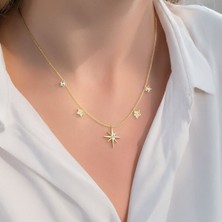 İndigo Takı Beşli Kutup Yıldızı Tek Taş Altın Kaplama Gümüş Kolye