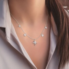 İndigo Takı Beşli Kutup Yıldızı Tek Taş Beyaz Gümüş Kolye