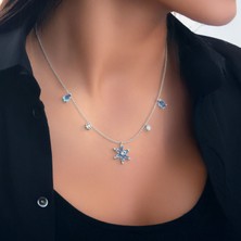 İndigo Takı Beşli Aqua Taşlı Lotus Çiçeği Beyaz Gümüş Kolye