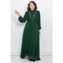 Fahima Taş Baskı Detaylı Şifon Abiye Zümrüt FHM950