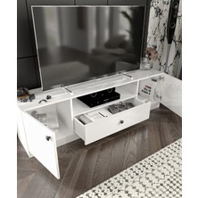%100 Mdf 2 Kapaklı 1 Çekmeceli 180 cm Genişliğinde Tamamı Akrilik Kaplı Beyaz - Antrasit Panel Modern Tv Ünitesi