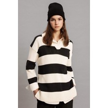 DeFacto Regular Fit Polo Yaka Çizgili Triko Kazak Tunik B8370AX24SP