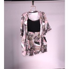 Yaprak Desen Pembe Siyah Renk 3'lü Şort Pijama Takımı - Hediye Çeyiz Nişan Bohçası