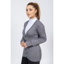 Vs Bayan V Yaka Dügmeli Saç Örgü U.kol Hırka Trk Füme