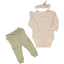 Bebegen Kız Bebek Ekru Yeşil Küçük Çicek Desenli Zıbınlı Bandanalı 3'lü Takım