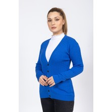 Vs Bayan V Yaka Dügmeli Saç Örgü U.kol Hırka Trk Mavi