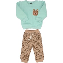 Bebegen Kız Bebek Su Yeşili Kahve Kedi Nakışlı Leopar Desenli 3 Ip 2'li Takım