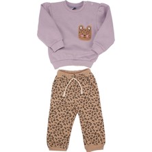Bebegen Kız Bebek Lila Kahve Kedi Nakışlı Leopar Desenli 3 Ip 2'li Takım