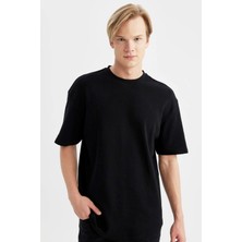 DeFacto Boxy Fit Bisiklet Yaka Kısa Kollu Basic Düz Waffle Siyah Tişört B4443AX24SP