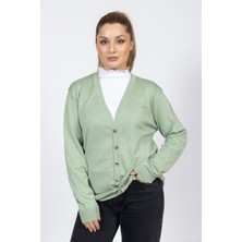 Vs Bayan V Yaka Dügmeli Düz U.kol Hırka Trk Su Yeşili