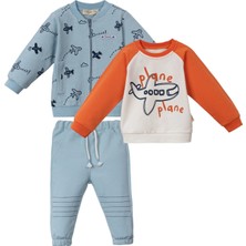 Bebegen Erkek Bebek Mavi Uçak Baskılı Fermuarlı 3'lü Takım