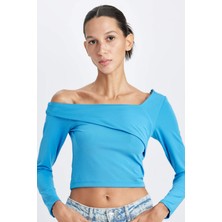 DeFacto Fitted Vücuda Oturan Omzu Açık Uzun Kollu Tişört D5155AX24AU