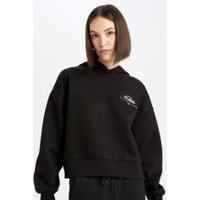 DeFacto Boxy Fit Kapüşonlu Baskılı Kalın Siyah Sweatshirt D6717AX24WN