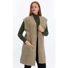 Kadın Desensiz Düz Çift Cepli Triko Yelek