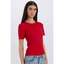 DeFacto Slim Fit Dar Kesim Bisiklet Yaka Basic Düz Fitilli Kaşkorse Kısa Kollu Kırmızı Tişört