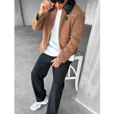 Erkek Oversize Yakalı Fermuarlı Peluş Mont Kahverengi