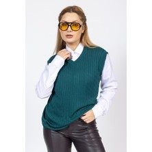 Vs Bayan V Yaka Saç Örgü Suveter Trk Yeşil