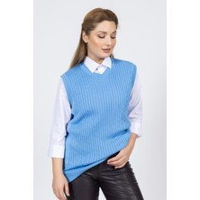 Vs Bayan V Yaka Saç Örgü Suveter Trk Mavi