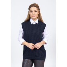 Vs Bayan V Yaka Saç Örgü Suveter Trk Lacivert