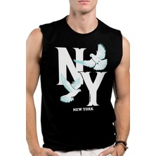 Rock&Roll Ny Güvercinleri Siyah Erkek Kesik Kol / Kolsuz T-Shirt