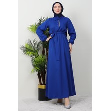 Zincir Düğme Detay Elbise Saks