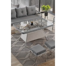 EVDEMO Joy Rattan Puflu Bahçe Balkon Takımı 3+1+1+ Camlı Masa Kemik Rengi