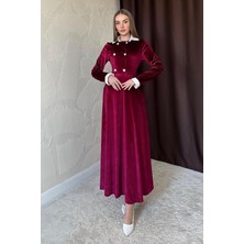 Elbee Fashion Woman Bordo Yakası Taşlı Garnili Kadife Elbise