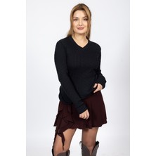 Vs Bayan V Yaka Saç Örgü U.kol Kazak Trk Siyah