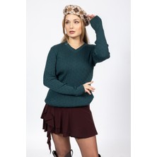 Vs Bayan V Yaka Saç Örgü U.kol Kazak Trk Petrol Yeşili