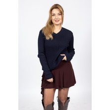 Vs Bayan V Yaka Saç Örgü U.kol Kazak Trk Lacivert