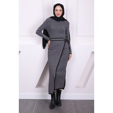 İmaj Butik Füme Yan Bağlama Detaylı Fitilli İkili Triko Elbise