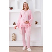 Quilling Renk Seçenekli Dantel Detaylı Sabahlıklı 3 Parça Hamile Pijama Takımı - Lohusa Seti 3422