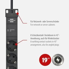 GK Creative Alu-Line Çoklu Priz, 8 Bölmeli, Yüksek Gerilim Korumalı (19 Inç Formatında ve 2 M Kablolu Priz Çubuğu)