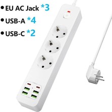 GK Creative Hızlı Şarj Istasyonu 3000W 3 Lü Priz 2 Metre Uzatma Kablosu Çoklu Priz 4 USB 2 Type C Girişli 18 Watt Pd Şarj On/off Düğmeli