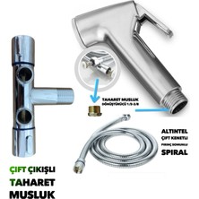 ARÇE Spiralli Taharet El Duşu Çift Çıkışlı Musluk Seti Tuvalet Duş Spreyi 3/8 Giriş Shattaf Taharetmatik