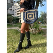 Moonjy El Yapımı Motifli Lacivert Kağıt Ip Hasır Çanta "ornette"