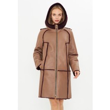 By Marki Marki Deri Kapüşonlu Oversize Kadın Kaban - Içi Kürklü Bordo - Kahverengi 90 cm - 113422